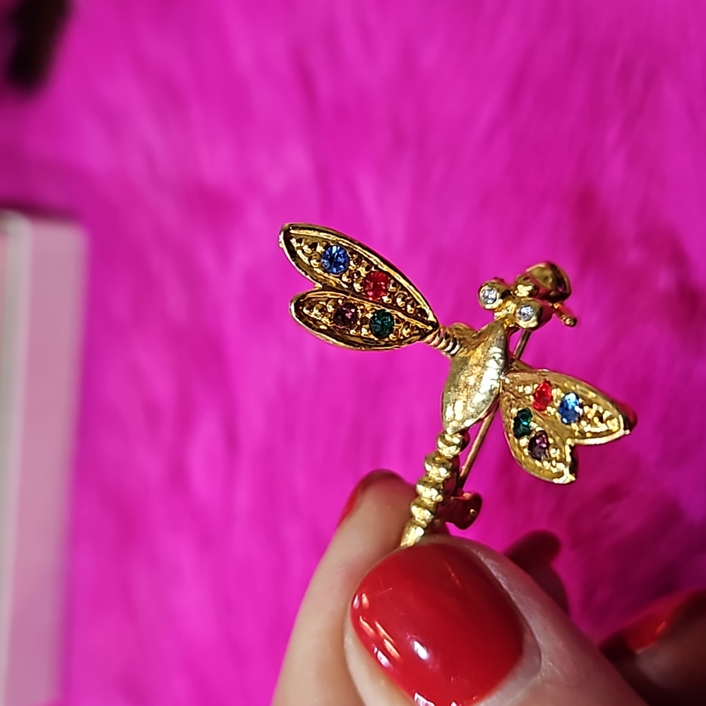 DRAGONFLY EN TREMBLANT GEMSTONES BLING EYES BROOCH PIN VINTAGE
